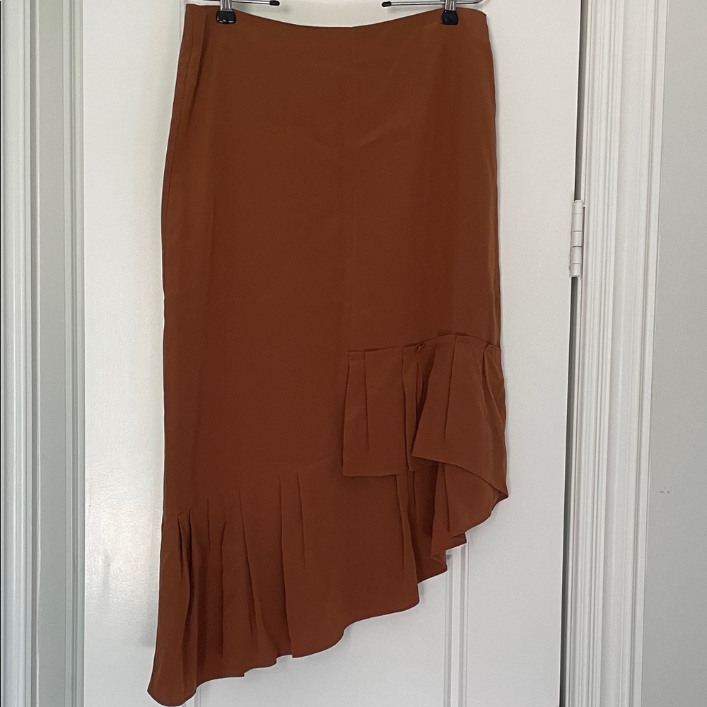 Tibi Rust Asymmetrical Silk Ruffle Skirt